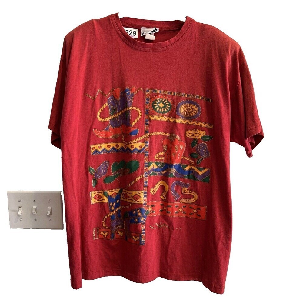 Vintage Southwest Art 90s Red Single Stitch Shirt One Size USA Cowboy Western XL